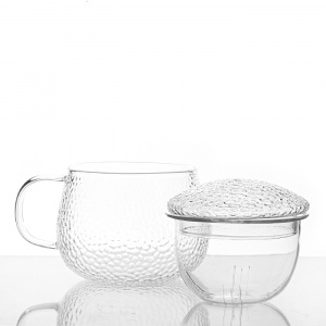Стеклянная чашка с ручкой  и стеклянной крышкой (рифленая) 300 мл