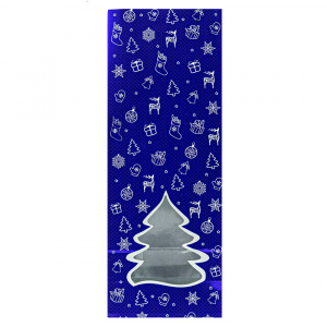 Пакет трехслойный, 100*60*260 мм, новогодний с окном-елкой синий, 300 г