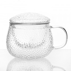 Стеклянная чашка с ручкой  и стеклянной крышкой (рифленая) 300 мл