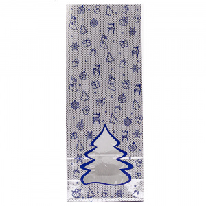 Пакет трехслойный, 100*60*260 мм, новогодний с окном-елкой серебряный с синим, 300 г